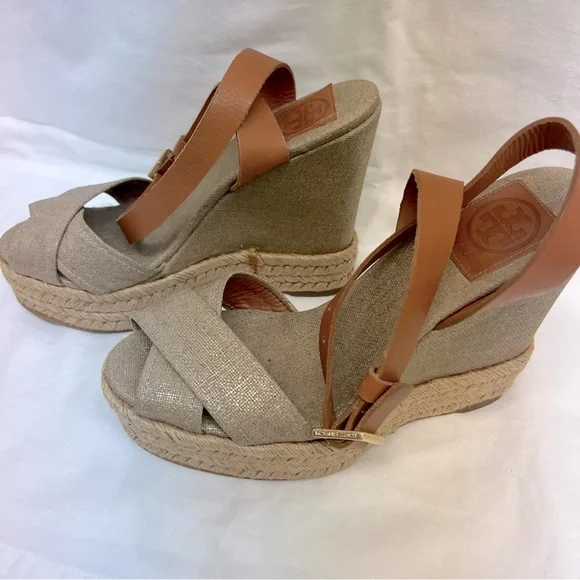 Tory Burch gold canvas wedge espadrilles with camel colored leather ankle strap - Picture 5 of 9